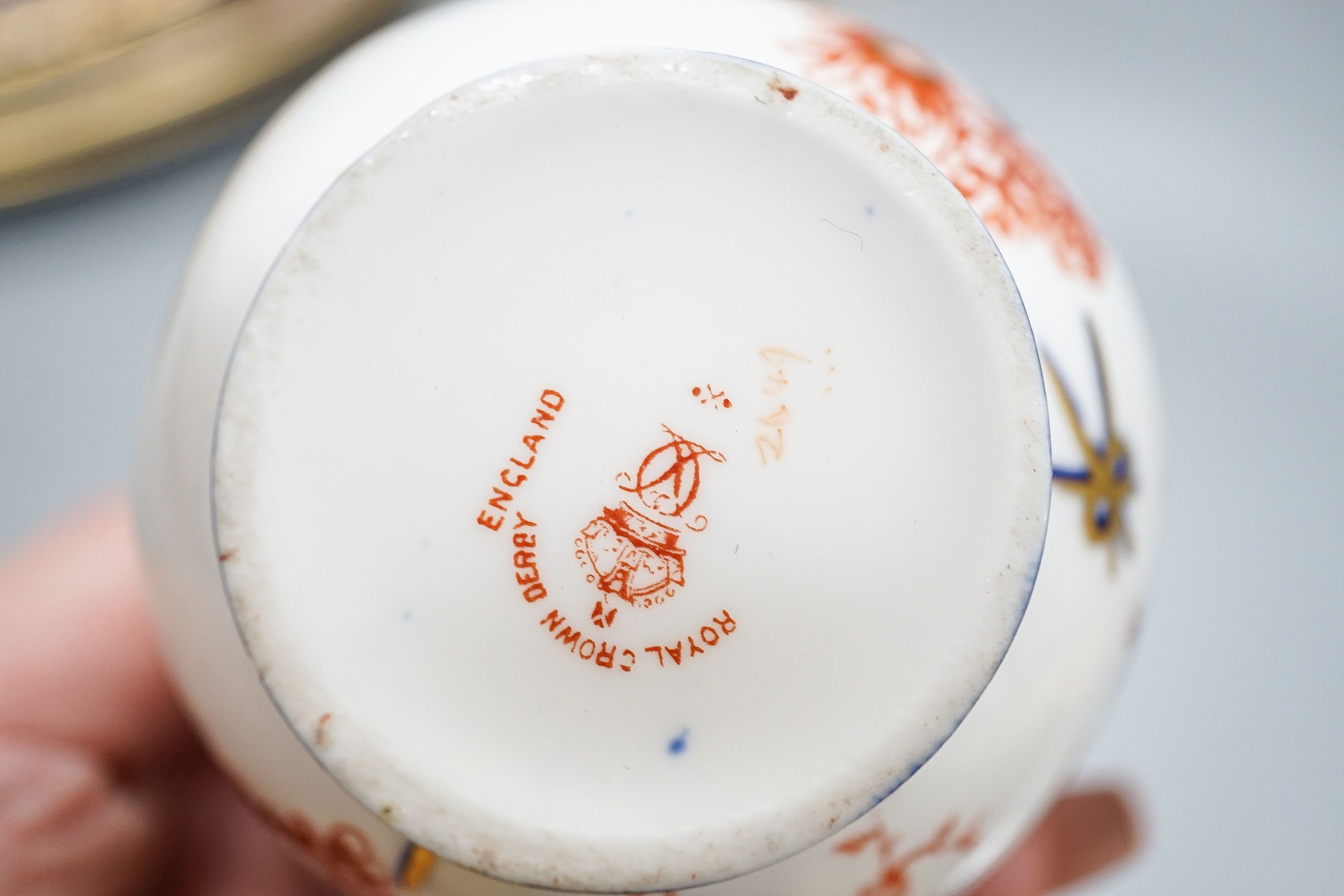 Royal Crown Derby tableware, including pair of dinner plates, 26cm, together with a pottery Imari pattern box and cover